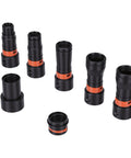 Gowenic 7 Pc Dust Collection Hose Adapter Kit, Quick Swap Rotating Clamps For Shop Vacs And Sanders, black and orange connectors.