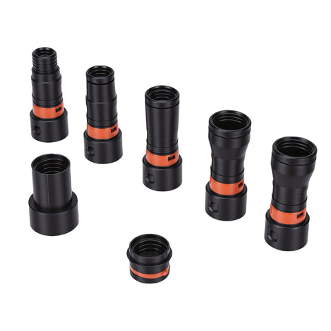 Gowenic 7 Pc Dust Collection Hose Adapter Kit, Quick Swap Rotating Clamps For Shop Vacs And Sanders, black and orange connectors.