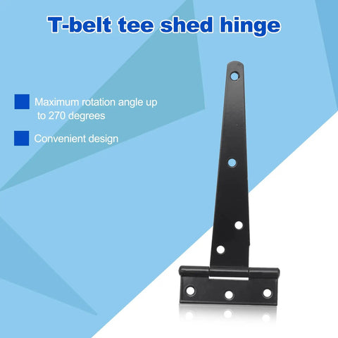 Heavy Duty 6 Inch T Strap Door Hinges Set of 4 for Sheds and Gates Tuff Tee Hinge Hardware black hinge against blue background