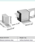 Tough As Nails Aluminum Spring Latch Automatic Door Lock Snap Shut Gate Hardware For Hotels And Offices Silver Finish, side view with dimensions.