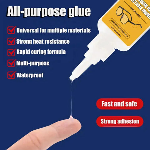 Eyeglasses Temples Repair Glue 20ml Quick Bonding for Metal and Resin Frames dripping from fine tip onto finger.