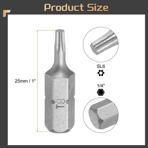 Real Deal T8 Torx Screwdriver Bit Set With 1/4 Inch Hex Shank And Heavy Duty CRV Steel, 1 inch size, silver finish.