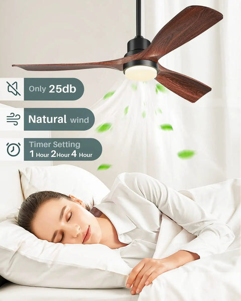 52 Inch Walnut Outdoor Ceiling Fan With Light And Remote Three Blades Three Downrods Six Speed Quiet DC Motor cooling bedroom