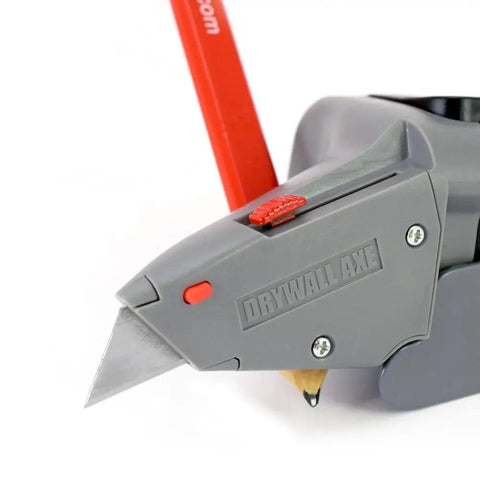 Close-up of All in One Drywall Tool with utility knife blade extended, illustrating its compact design and functionality for cutting.
