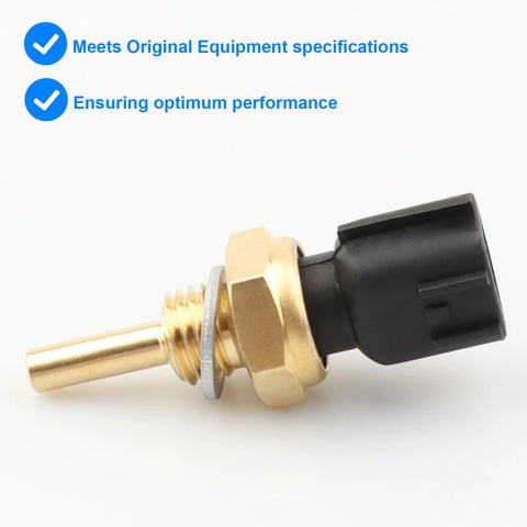 Coolant temperature sensor with brass threaded body and black plastic connector.