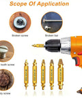 Six Piece Screw Extractor Set For Damaged Screws Quick Fix Kit with drill and titanium coated HSS bits shown in use on damaged screws
