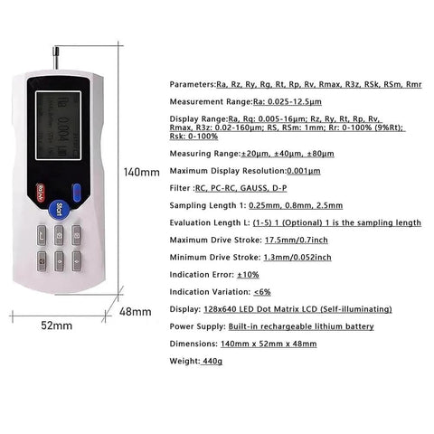 Pro Grade Heavy Duty Handheld Roughness Tester Profilometer With 20 Plus Hours Battery Life displayed with specifications