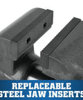 Close-up of replaceable steel jaw inserts on Beefy Machinist Bench Vise For Serious Projects Five Inch Jaw Width Eight Inch Opening Four And A