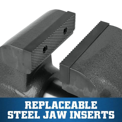 Close-up of replaceable steel jaw inserts on Beefy Machinist Bench Vise For Serious Projects Five Inch Jaw Width Eight Inch Opening Four And A