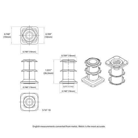 Technical drawing of Double Star Threaded Caster Insert In Heat Treated Steel For 3/4 Inch Square 16-18 Gauge Tubing With Deep Setting 5/16-18 Thread Flush Fitting For Clean Look And Secure Leg Or Post Mounts 4 Pack.