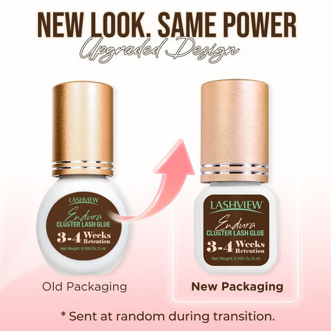 Lashview Lash Cluster Glue bottle transition from old to new packaging design with 3-4 weeks retention label.