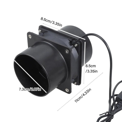 Low Noise Inline Duct Fan With 3 Speed USB 5V Power Double Duct Ports ABS Construction showing dimensions