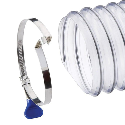Keyed Bridge Hose Clamps 4 Inch Stainless Steel Pack Of 5 For Seamless Tool Free Setup shown with coiled hose.