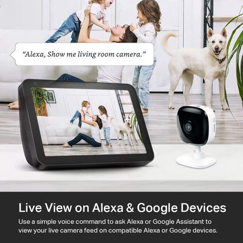 1080p Indoor Wired Security Cam For Home Surveillance, Real Time Motion And Sound Alerts, Baby Monitor And Pet Cam, Night Vision Up To 30 Feet, Two Way Audio, Local Storage Or Optional Cloud, EC60 showing live feed on smart device in living room.