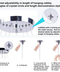 Installation guide of Slick Three Ring Crystal LED Chandelier Pendant Light With Adjustable Height showing cable adjustment and locking pin.