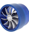 Blue Turbo Air Intake Saver Fan For Auto Gas Saver And Fuel Efficiency Boost With Metal And Rubber Construction 61mm Inner Diameter And 64mm Outer Diameter 50x64mm Size Includes Two Rubber Holders, front view