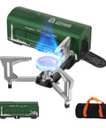 Portable Butane Gas Camping Stove With 7500 BTU Output Ultra Compact Folding Design With Carry Bag For Backpacking RV Trips Picnics And Outdoor Or Indoor Cooking Green, shown with lit burner and carry bag