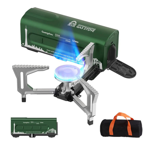 Portable Butane Gas Camping Stove With 7500 BTU Output Ultra Compact Folding Design With Carry Bag For Backpacking RV Trips Picnics And Outdoor Or Indoor Cooking Green, shown with lit burner and carry bag