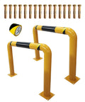 Two Pack Built Tough Heavy Duty Steel Safety Guard Barrier with hollow fillable sections, anchor bolts, and high visibility yellow powder coat.