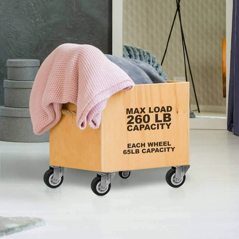 Heavy Duty Swivel Caster Wheels With Polyurethane Tread 2 Inch Diameter Non Marking Floor Safe Silent Rolling Action 3 8 Inch Threaded Stem 65 Pound Capacity Set Of 4 on a wooden cart with a blanket.