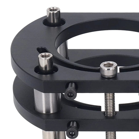 Close-up of the Workhorse Four Jaw Router Lift Table, Aluminum Alloy Milling Mount with smooth height adjustment mechanism.