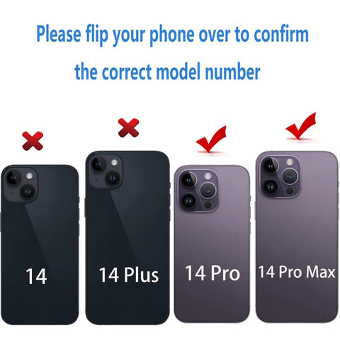 Diagram showing iPhone 14, 14 Plus, 14 Pro, and 14 Pro Max with correct model identification for 2 Pack iPhone 14 Pro And 14 Pro Max Camera Lens Replacement Glass With Pre Installed Adhesive And Repair Tools OEM Quality Easy Install Durable Lens Set.