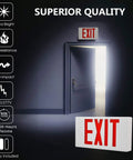 Lit Ultra Slim LED Exit Sign Dual Face 2 Pack Red Letter Emergency Exit Lights 120V-277V showing an open door with exit sign above