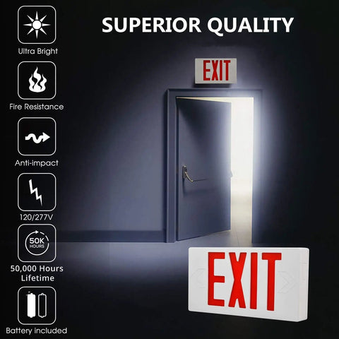 Lit Ultra Slim LED Exit Sign Dual Face 2 Pack Red Letter Emergency Exit Lights 120V-277V showing an open door with exit sign above