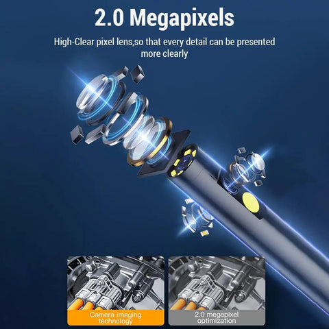 Real Deal 1080P Borescope Camera With Blinding LED Flash And Hella Sharp 4.3 Inch IPS Screen showing 2.0 megapixel lens technology.