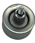 High Performance PQH500090 Drive Belt Idler Pulley top view showing smooth metal surface and central bolt for engine support.