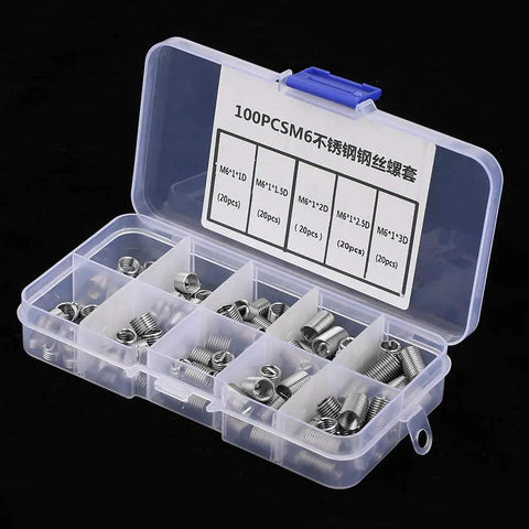 Cool M6 Threaded Insert Kit With 100pcs Stainless Steel Repair Parts For Stripped Screw Holes In Five Sizes Including Deep Threading Specs And A Tidy Divided Storage Box, open box