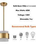 Gold Pendant Light Fixture With Frosted Glass Shade For Kitchen Island And Dining Room Modern Rod Hanging Lamp Adjustable Height To Set The Vibe In Any Bar Or Restaurant Setting Lighting With Warm Ambient Glow displayed with bulb specifications.