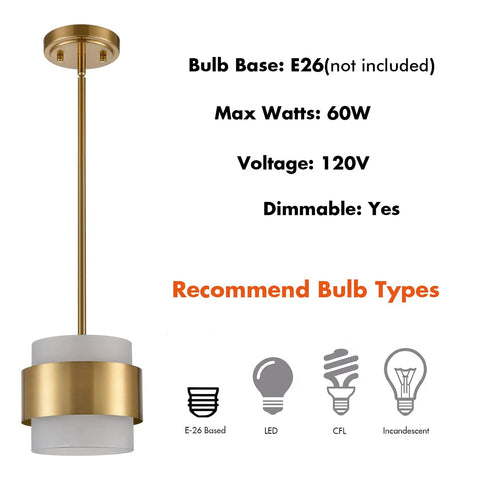 Gold Pendant Light Fixture With Frosted Glass Shade For Kitchen Island And Dining Room Modern Rod Hanging Lamp Adjustable Height To Set The Vibe In Any Bar Or Restaurant Setting Lighting With Warm Ambient Glow displayed with bulb specifications.