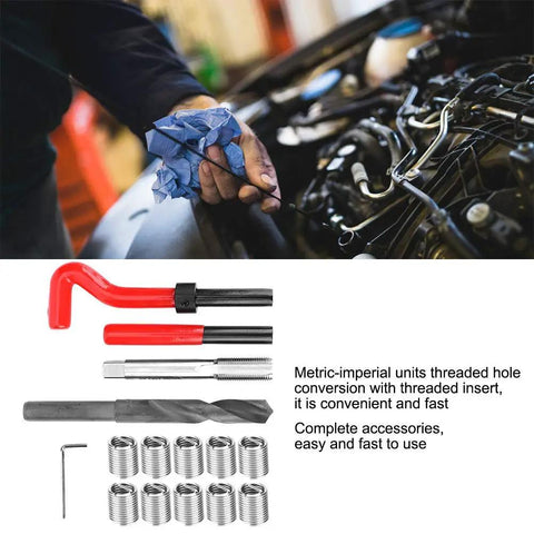 Mechanic using 15-Piece M14x1.25 Thread Repair Kit Stainless Steel With Twisted Drill, Tap, Wrench, Breaker, Hex Wrench, Inserts