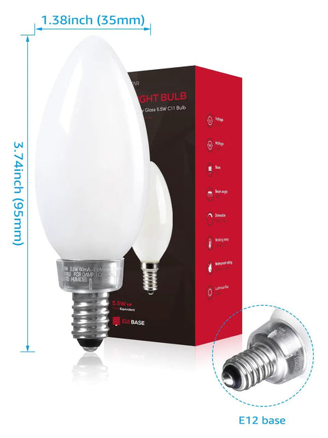 Dimmable E12 LED Filament Candelabra Bulb 60W Equivalent, 550 Lumen, Frosted Glass with E12 base, box packaging shown
