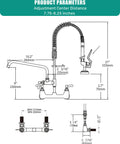 Robust Wall Mount Kitchen Sink Faucet With A Slick Polished Chrome Surface And High Pressure Pre Rinse Sprayer dimensions diagram.