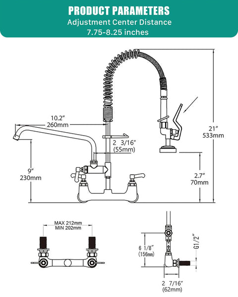 Robust Wall Mount Kitchen Sink Faucet With A Slick Polished Chrome Surface And High Pressure Pre Rinse Sprayer dimensions diagram.
