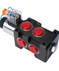 Front-left view of INPANOLS DC12V hydraulic solenoid diverter valve with red port caps on a black manifold
