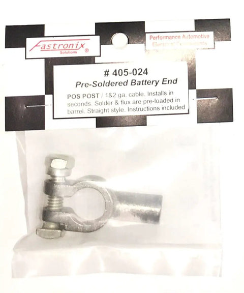 Pre-soldered battery end connector for 1 and 2 gauge cables in packaging, silver color metal with instruction label.