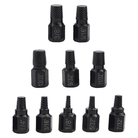 Rock Solid 10 Piece Screw Extractor Set for Stripped Bolts and Broken Fasteners with Left Hand Drill Bits to Pop Out Rusted Stuck Hardware Like A Boss Fast., black steel extractors in sizes 1/4 to 13/32 inch