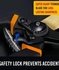 Close-up of Heavy Duty Pruning Shears With 8.5 Inch Cut Capacity, Rust Resistant Steel Blade, safety lock mechanism visible.