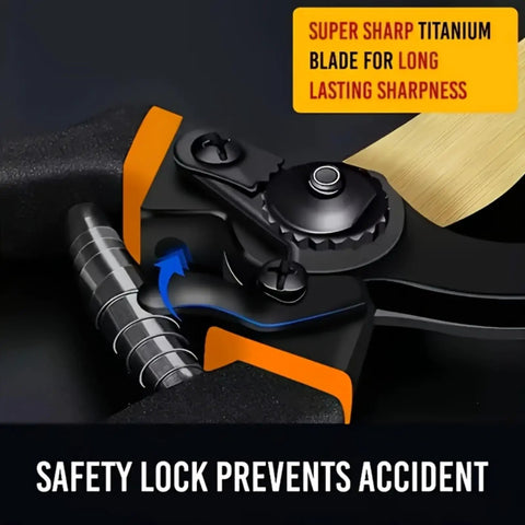 Close-up of Heavy Duty Pruning Shears With 8.5 Inch Cut Capacity, Rust Resistant Steel Blade, safety lock mechanism visible.