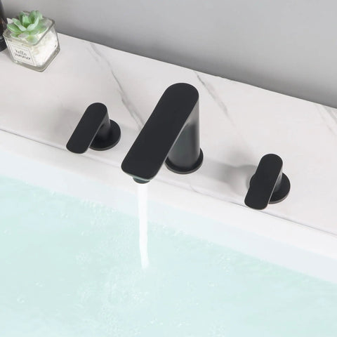 Matte Black 3 Hole Deck Mount Tub Faucet Set With Two Handles High Flow Brass Bath Filler Valve For Modern Bathrooms Easy Install And Durable Rust Resistant Finish For Your Home Spa Upgrade Dope installed on white marble