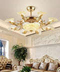 Luxury European Ceiling Fan Light With Remote Control And Invisible Blade Fan Chandelier In Trace Gold Finish Boasting 8 E27 Bulbs And 42 Inch Size For Epic Vibe in an elegant living room setting.