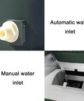 Automatic and manual water inlets for Portable Swamp Cooler On Smooth Rollers Pulls Evaporative Air Cooling Tricks.