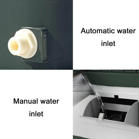 Automatic and manual water inlets for Portable Swamp Cooler On Smooth Rollers Pulls Evaporative Air Cooling Tricks.