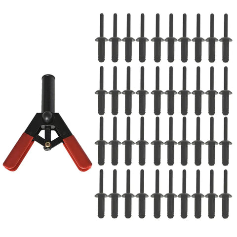 Heavy Duty Alloy Steel Rivet Gun Assortment Kit, 41 Piece Quick Fix Hand Tool with red handled rivet gun and black fasteners.