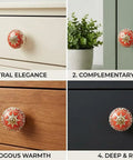 Sick Red Ceramic Cabinet Knobs Set for Fresh Kitchen and Dresser Upgrade shown on light, dark, green, and wood drawers.