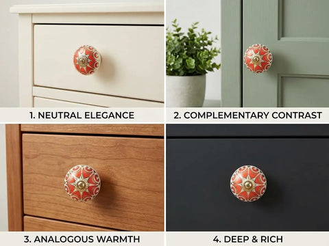 Sick Red Ceramic Cabinet Knobs Set for Fresh Kitchen and Dresser Upgrade shown on light, dark, green, and wood drawers.