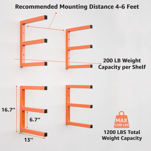 Beefy Heavy Duty Wood Organizer And Lumber Storage Wall Mount Rack With Six Levels Holds Up To 1200 Lbs Indoors Or Outdoors In Bright Orange, diagram showing dimensions and weight capacity.